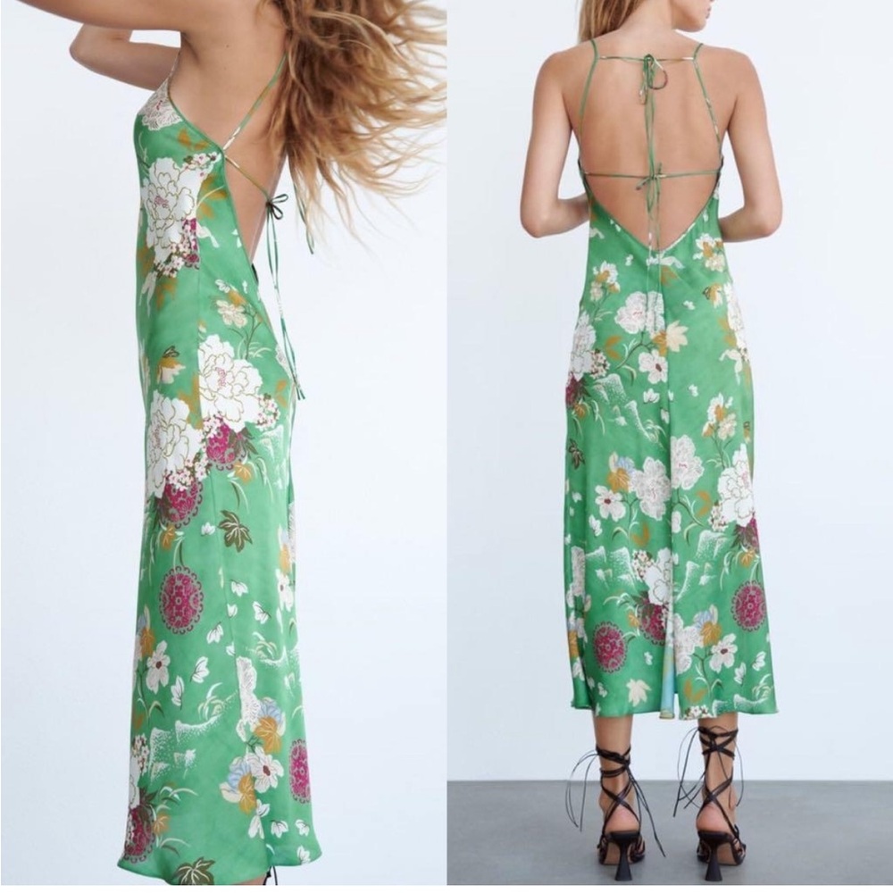 Zara Green Satin Floral Backless Midi Dress